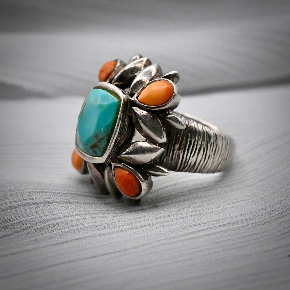 Vintage Studio Barse 925 Sterling Silver Turquoise Coral Statement Ring 18.85g - Picture 6 of 11